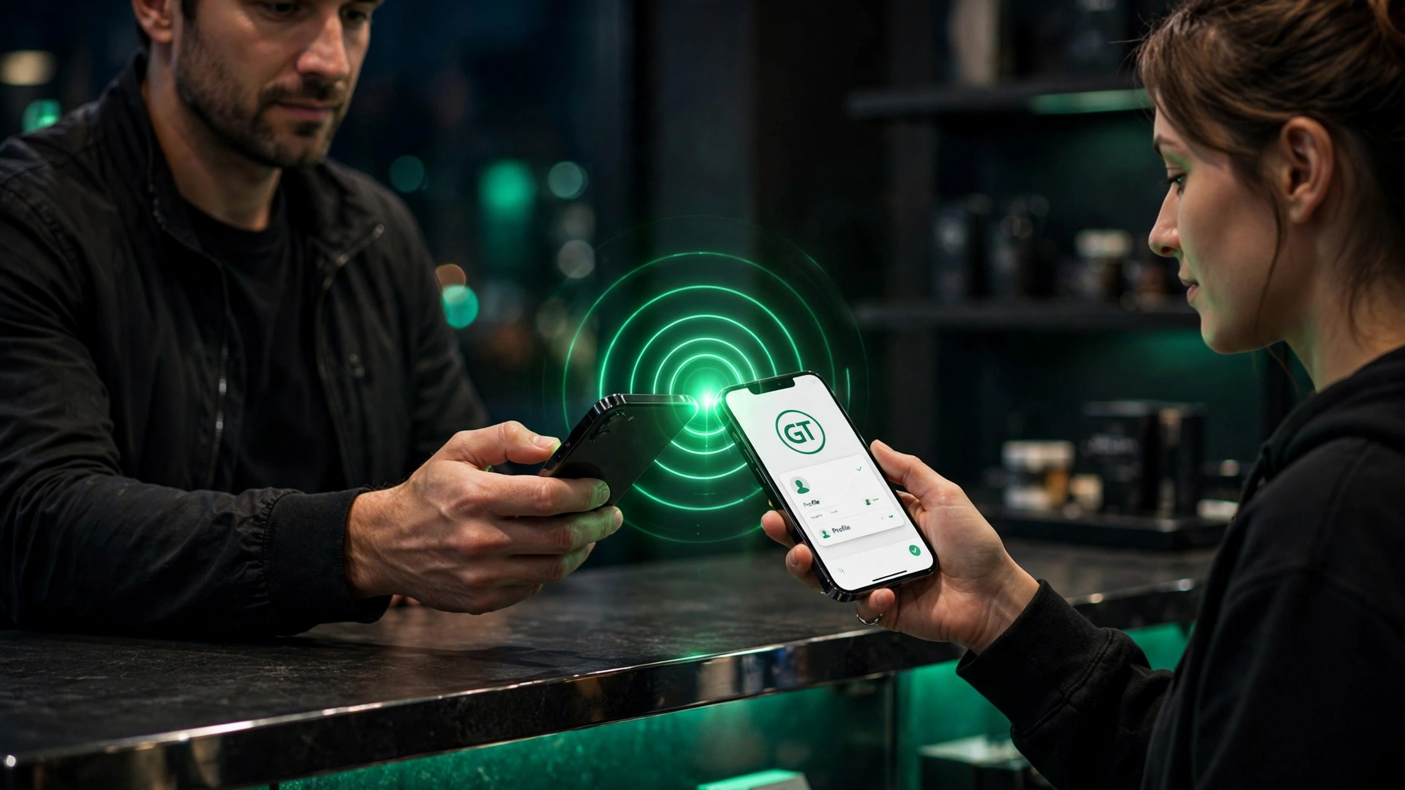 A Grind Tech tap shared phone-to-phone across a shop counter