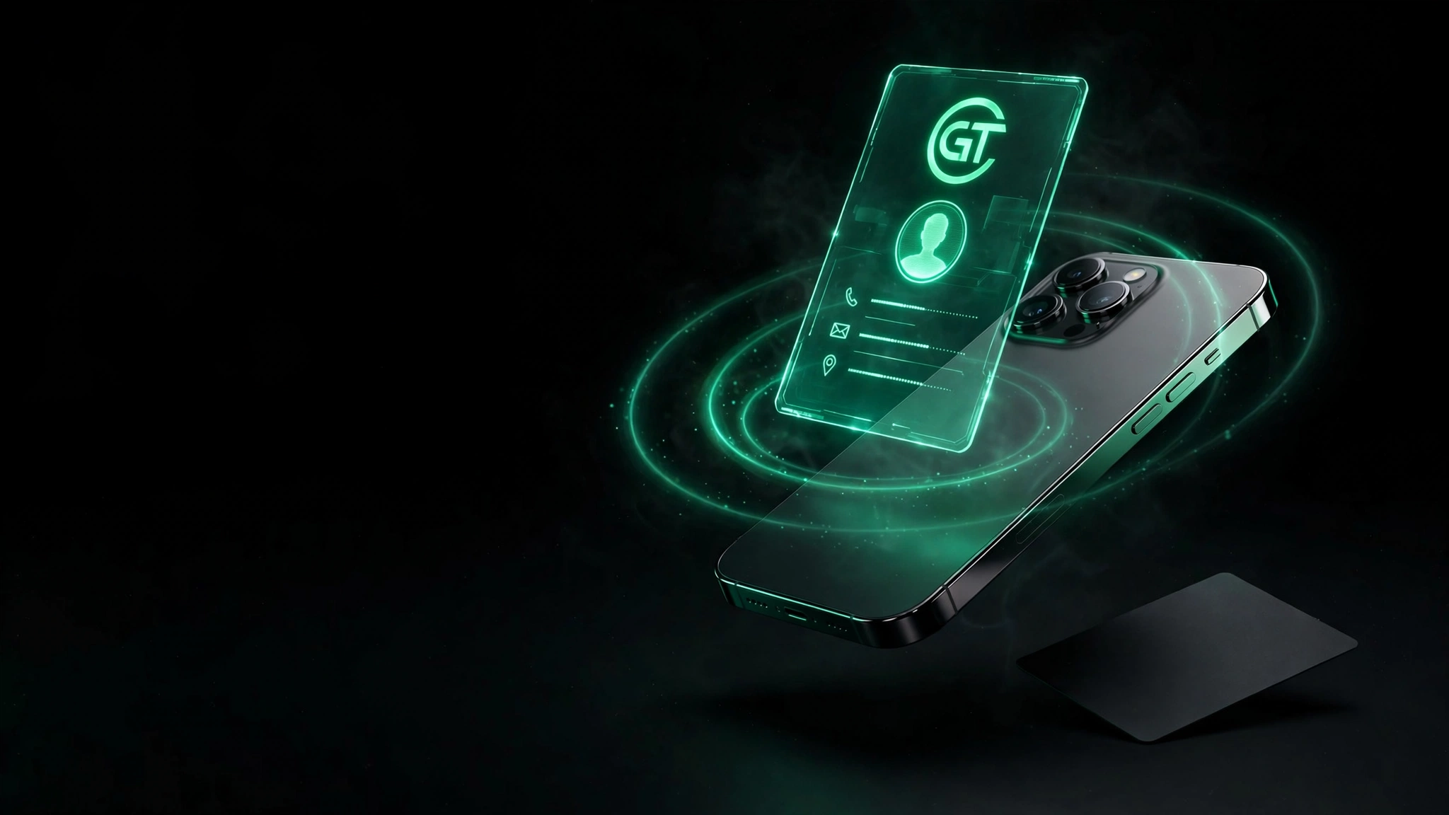 A holographic digital card rising off a phone